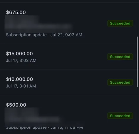 Member payment feed — $675 to $15,000